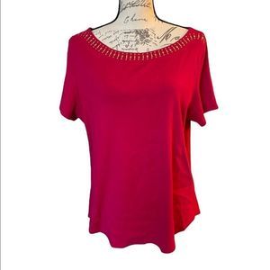 WESTPORT 1962 red short sleeve top with gold details around collar size 1X